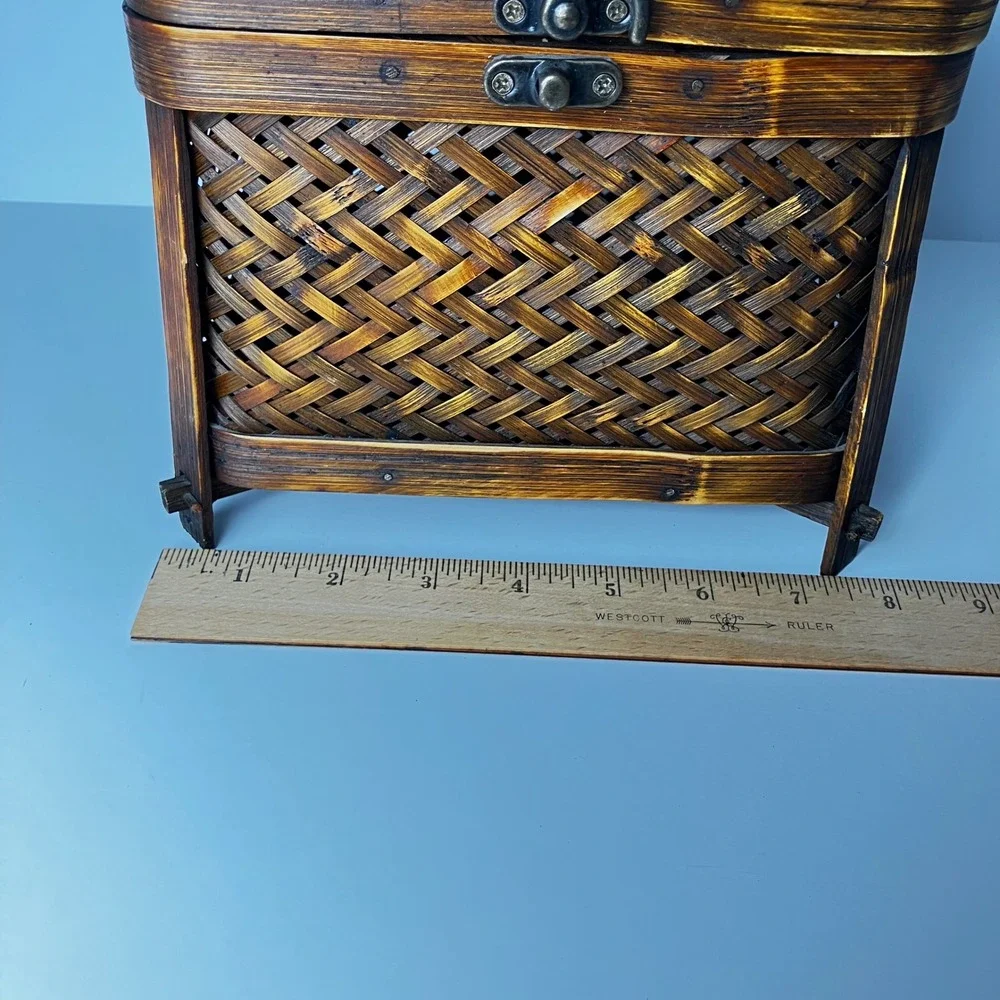 Vintage Storage Chest Brown Footed Keepsake Box Decor Handcrafted Woven Bamboo